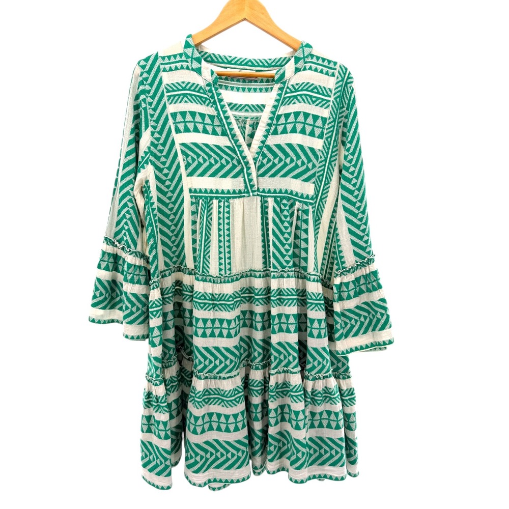 Devotion Twins Women's Ella Short Dress Green White Boho Tiered Cotton Size‎ M